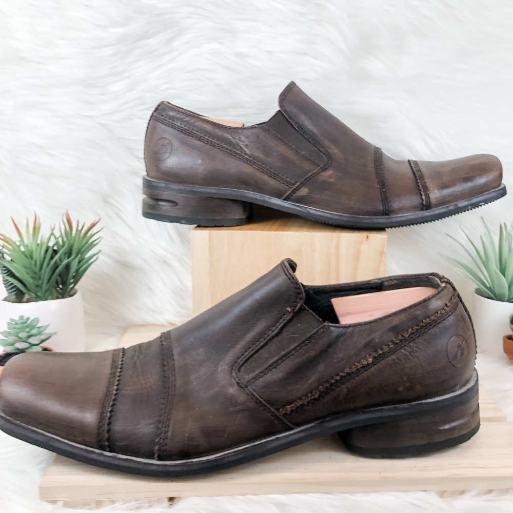 Bronx Burnished Leather Cap Toe Slip Ons Brown